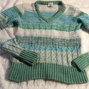 CAbi Green and Blue V-Neck Sweater XS